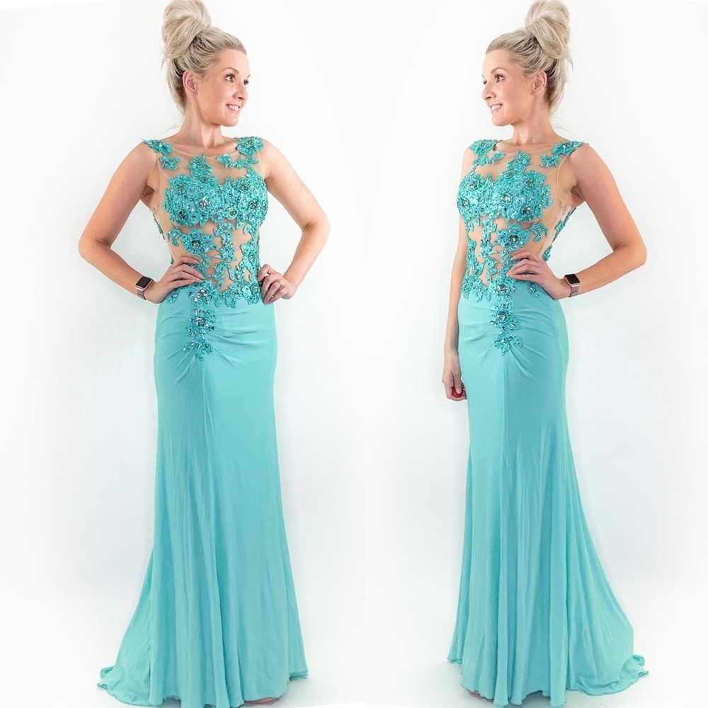 Fitted Illusion Blue Lace Prom Pageant Dress - Picture 5 of 8